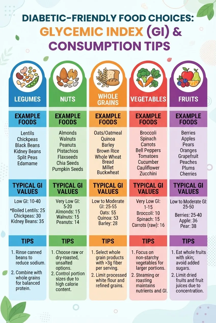 An infographic structured as a categorized grid listing five food groups (legumes, nuts, whole grains, vegetables, fruits), each with icons