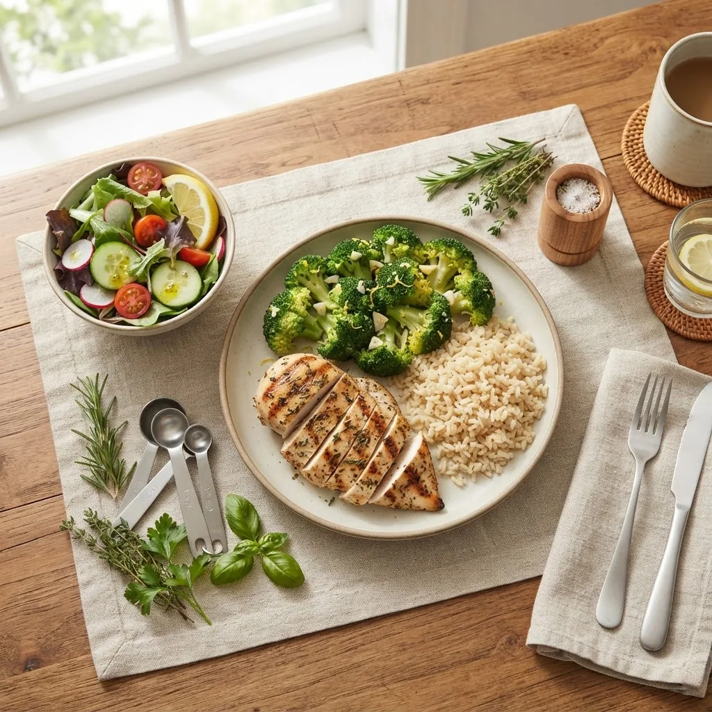 Overhead shot of a neatly arranged low sodium meal on a dining table: grilled chicken breast, steamed broccoli, brown rice, and a fresh