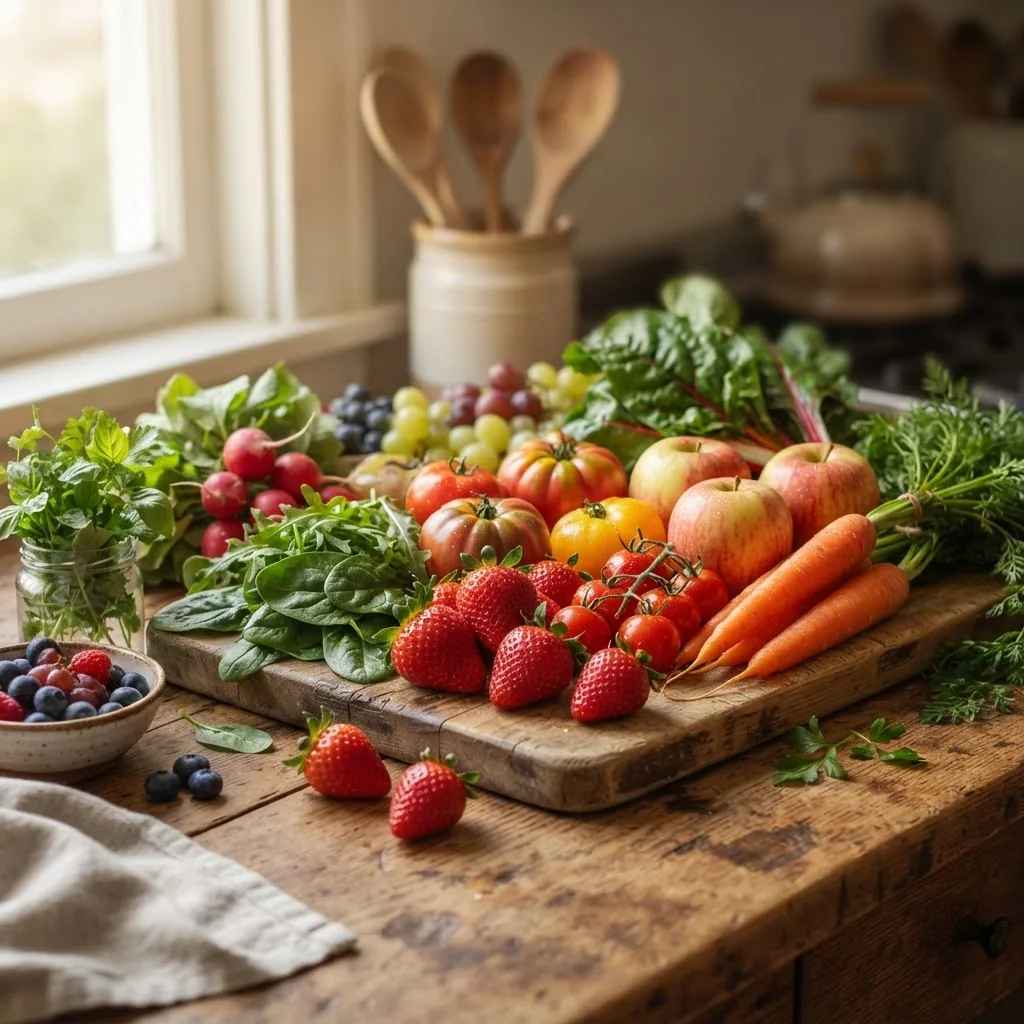 Close-up, colorful arrangement of fresh low sodium fruits and vegetables such as strawberries, apples, carrots, leafy greens, and tomatoes