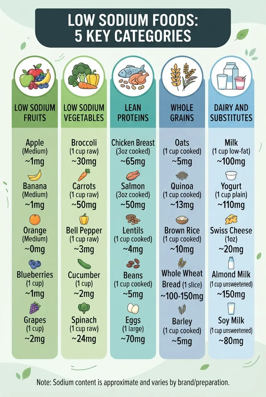 Infographic divided into five columns each with an icon and a categorized list: "Low Sodium Fruits," "Low Sodium Vegetables," "Lean