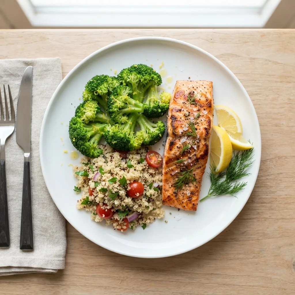 a plated heart healthy meal with grilled fish, steamed broccoli, quinoa, and lemon wedges, styled simply on a white plate with natural