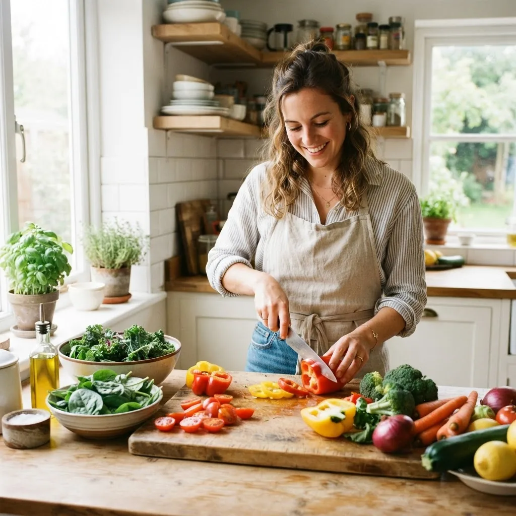 bright kitchen scene with a person preparing fresh vegetables on a wooden cutting board, natural daylight streaming in, conveying freshness