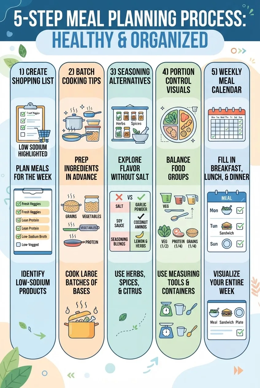 shows a 5-step meal planning process: 1) creating a shopping list highlighting low sodium items, 2) batch cooking tips, 3) seasoning