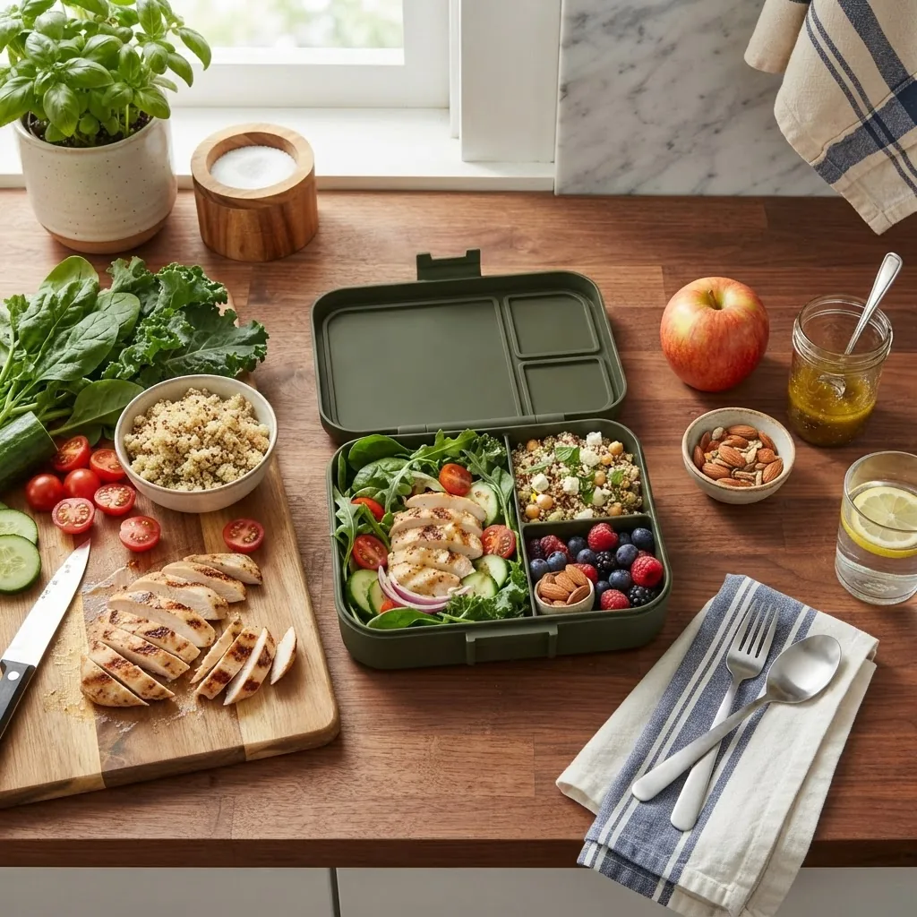 A bright kitchen countertop with a variety of colorful fresh ingredients arranged around an open lunchbox containing a balanced, healthy
