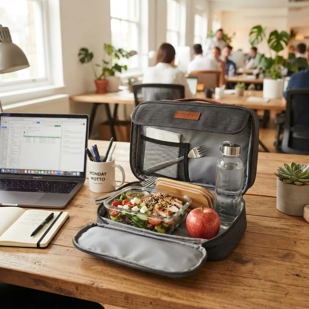 A neatly packed insulated lunch bag open on an office desk showing a meal prep container with salad, a piece of fruit, a bottle of water,