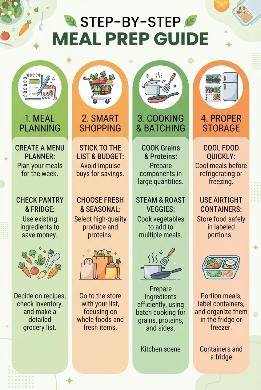 layout with four vertical columns showing step-by-step meal prep stages: planning, shopping, cooking/batching, and storage; each column