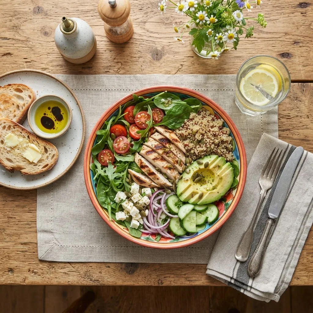 a colorful, simple lunch spread on a rustic wooden table featuring a vibrant salad bowl with mixed greens, cherry tomatoes, grilled chicken