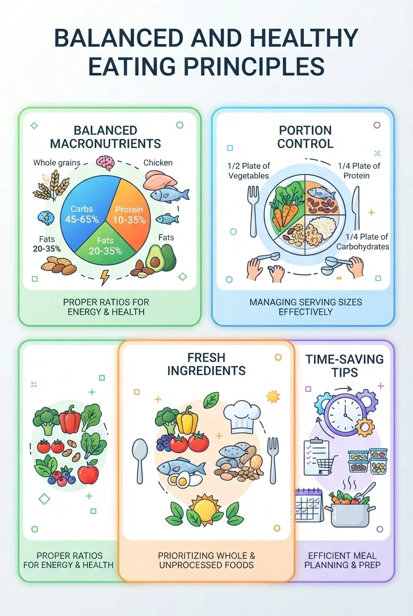with four sections showing (1) Balanced Macronutrients (protein, carbs, fats) with pie chart, (2) Portion Control with plate divide