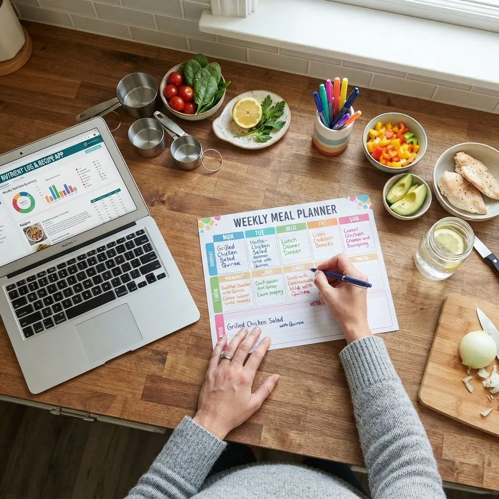 a person’s hands filling out a weekly meal planner sheet with colored pens, surrounded by a laptop with a nutrition app open, measuring