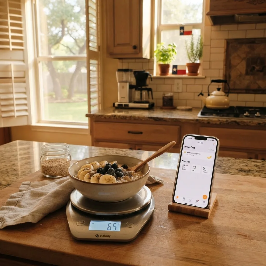 a kitchen counter with a digital food scale, a bowl with measured oats and banana, and a smartphone displaying a macro-tracking app; warm