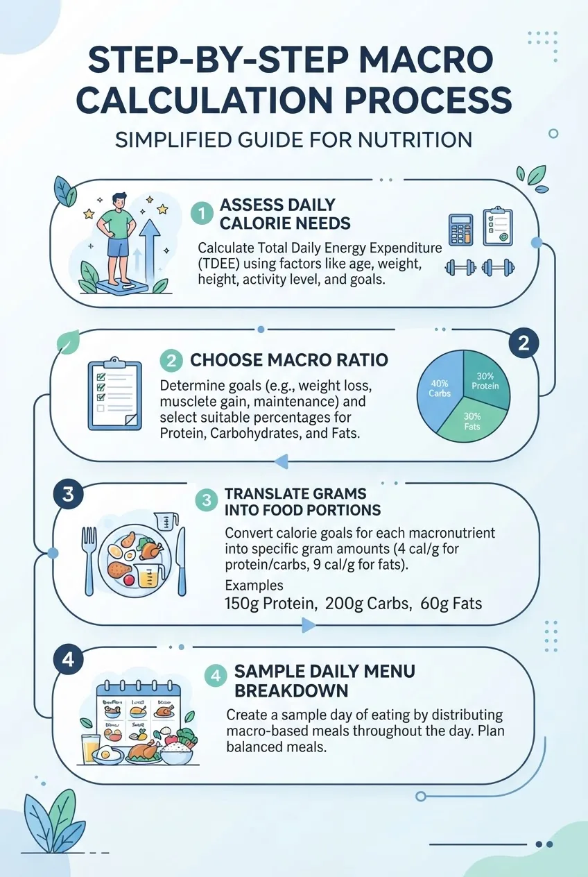 illustrates a step-by-step macro calculation process: (1) Assess daily calorie needs, (2) Choose macro ratio (protein, carbs, fats), (3)