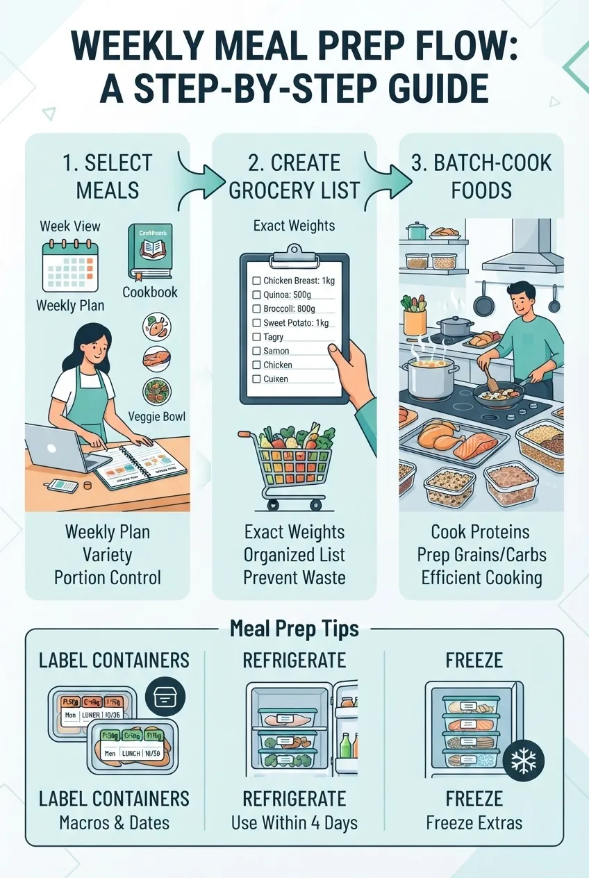 shows weekly meal prep flow: select meals (left), create grocery list with exact weights (center), batch-cook proteins/complex carbs