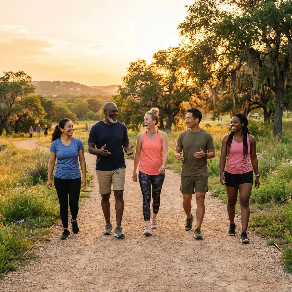 a diverse group of adults happily walking outdoors in a Texas park during golden hour, exemplifying social support and physical activity
