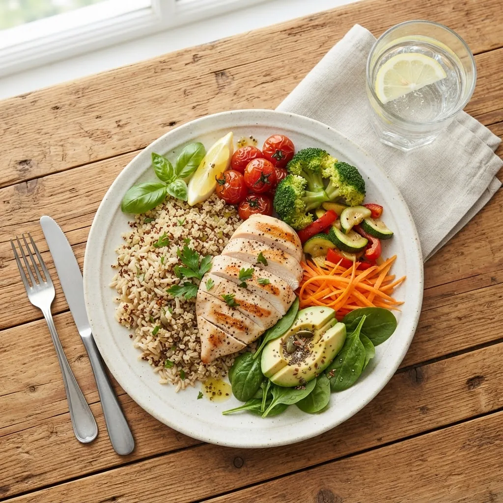 A bright, colorful top-down photo of a balanced plate on a wooden table featuring a variety of fresh vegetables, lean protein, whole