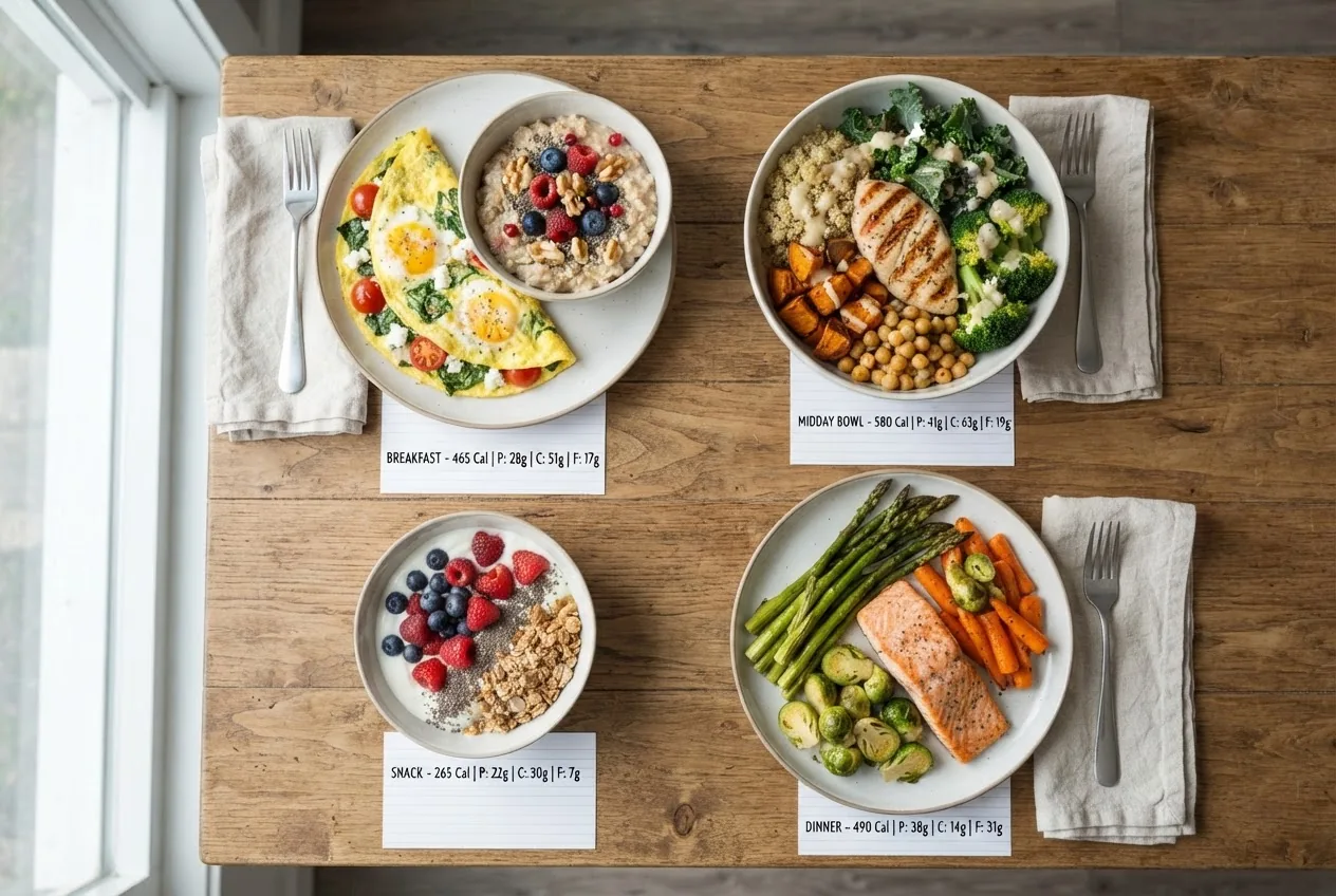a plated 1,800-calorie day: breakfast omelet and oats, midday chicken bowl, snack of yogurt and berries, and dinner of salmon with