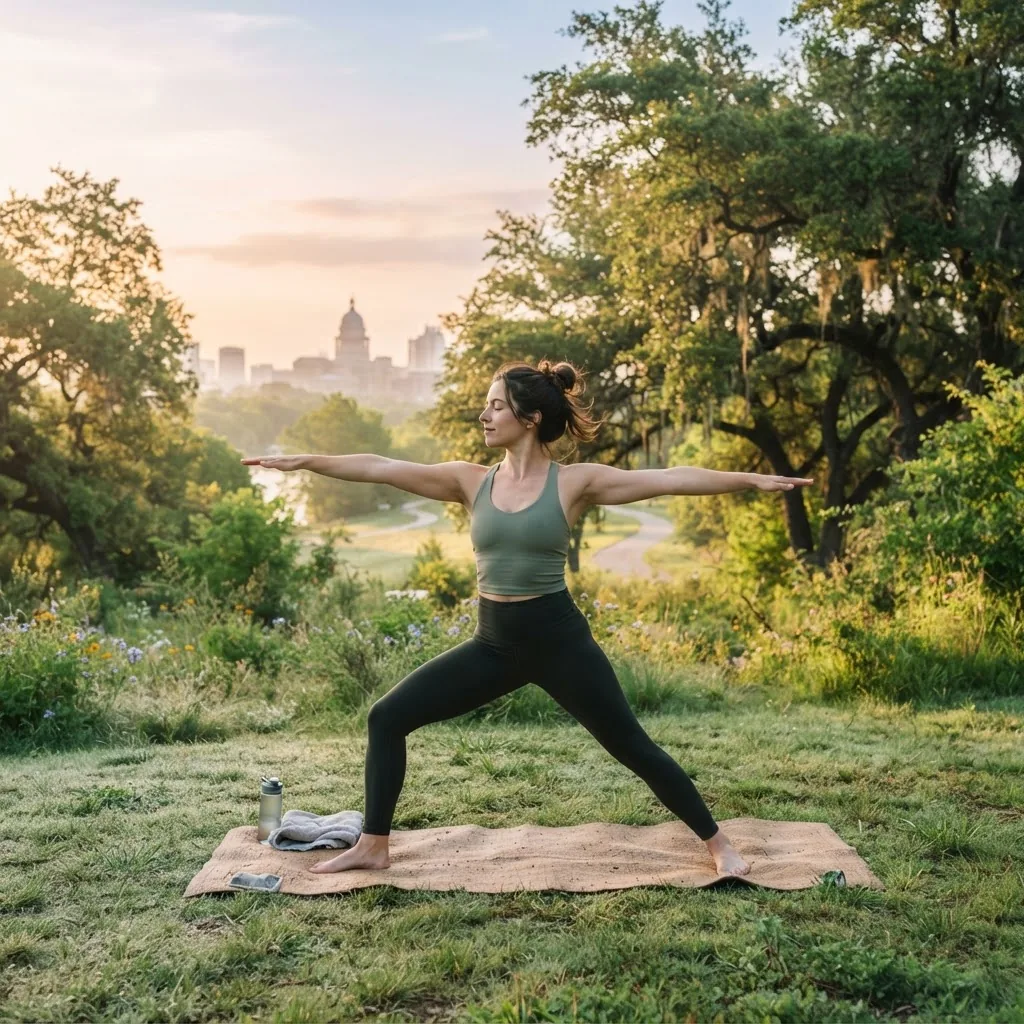 peaceful early morning scene of a person practicing yoga outdoors in a sunny Texas park with greenery, soft natural light, emphasizing