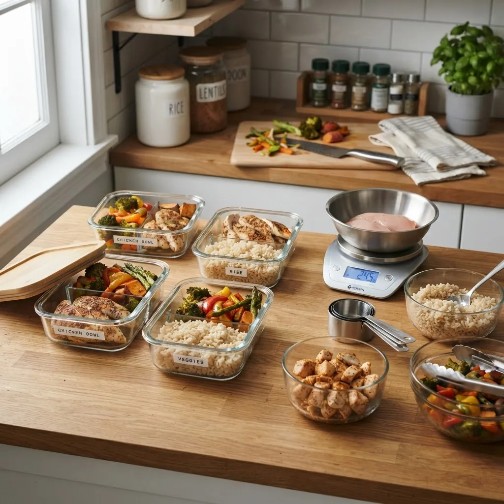 a kitchen counter mid-meal-prep showing labeled glass meal prep containers: chicken, brown rice, roasted vegetables; include a kitchen