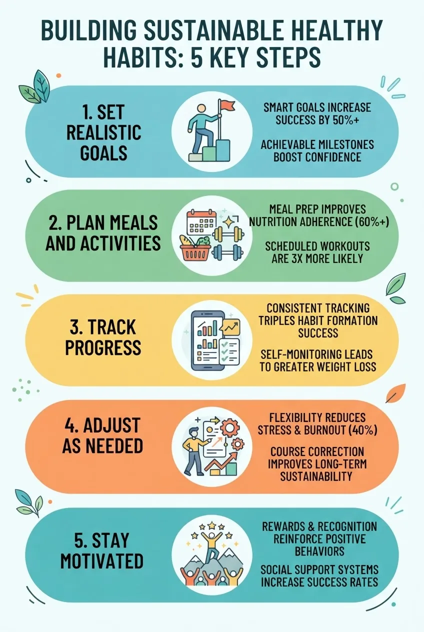 with five vertically stacked sections illustrating the steps of building sustainable healthy habits: 1) Set realistic goals, 2) Plan meals