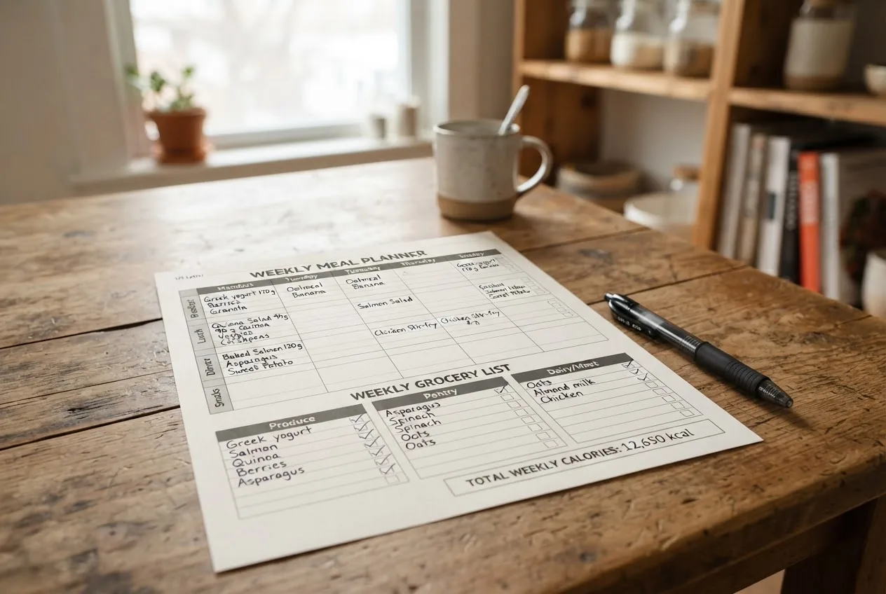 a printed weekly meal planner sheet (US Letter) on a wooden kitchen table with a pen, showing legible meal entries: Greek yogurt 170 g,
