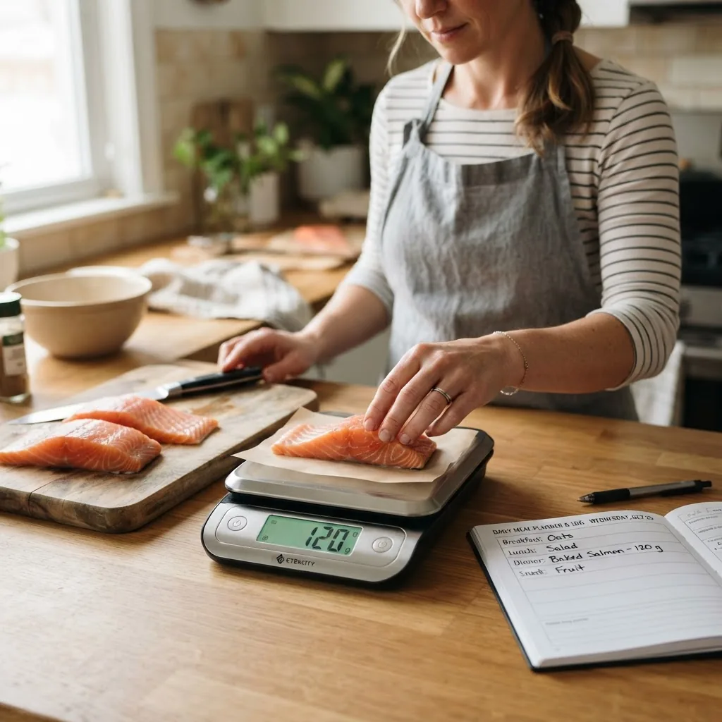 a person portioning salmon fillets on a kitchen scale with labels showing 120 g and a printed daily planner on the counter with the entry
