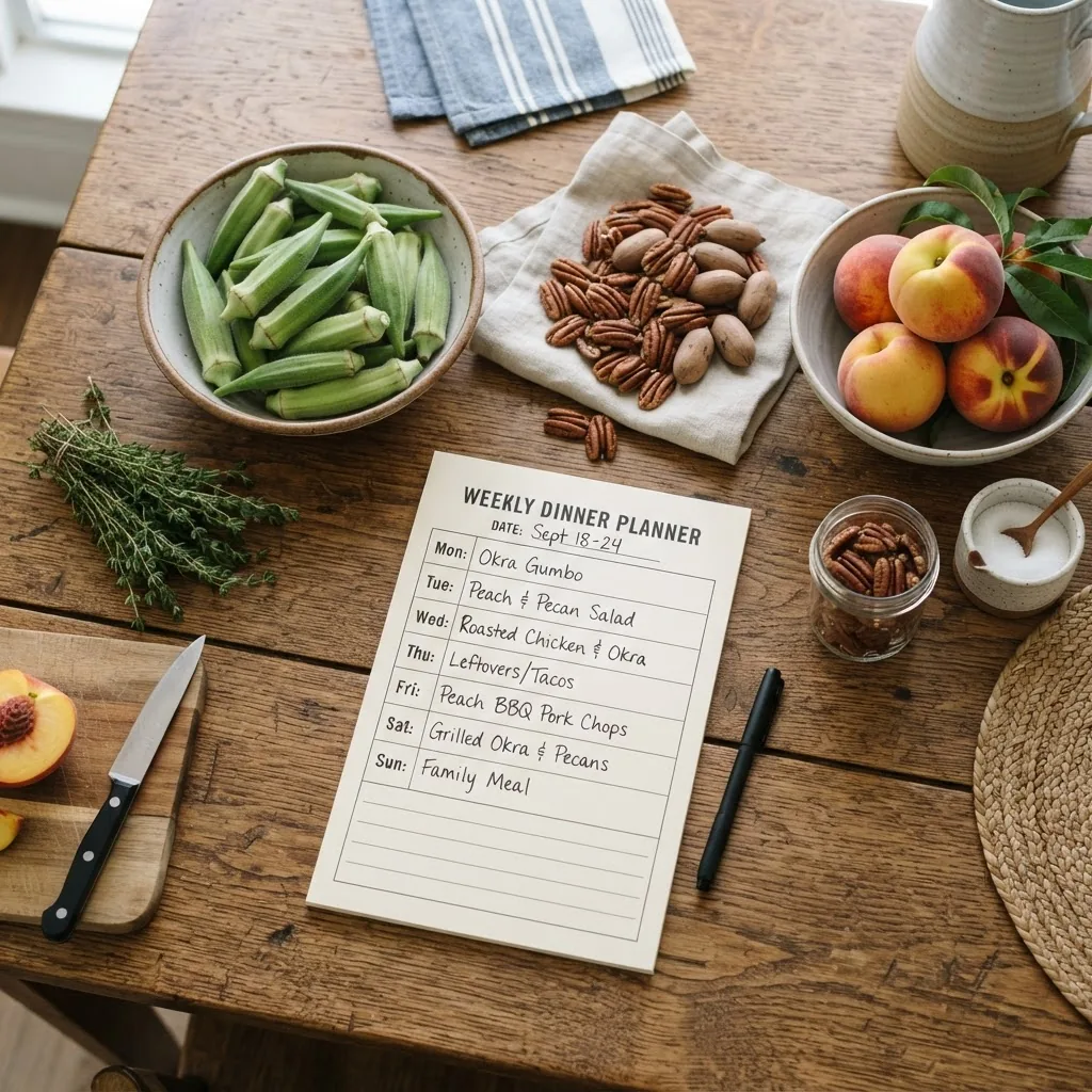 Overhead shot of a rustic wooden table with a printed weekly dinner planner filled out, alongside seasonal Texas produce such as okra,