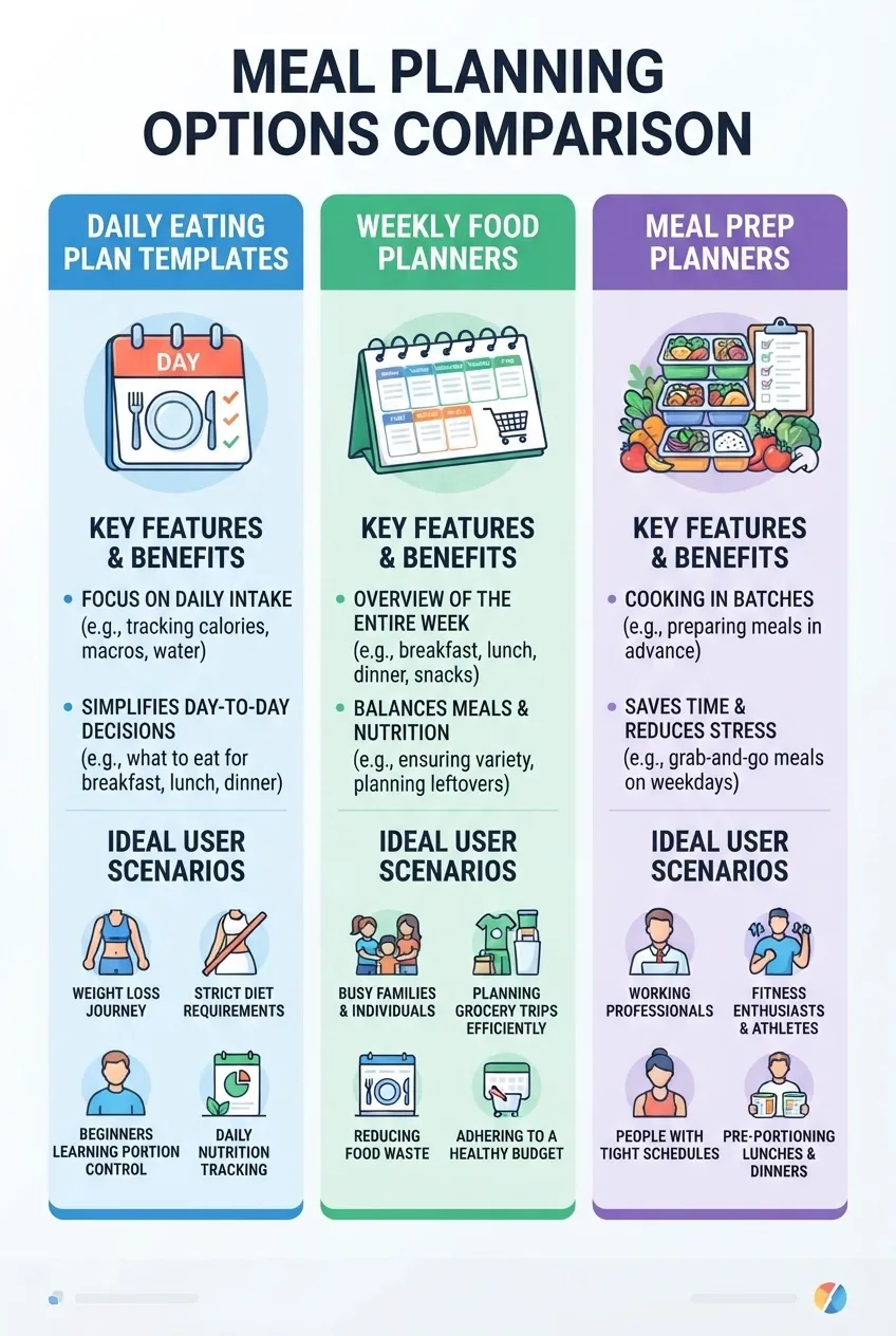 A clean infographic with three vertical columns comparing daily eating plan templates, weekly food planners, and meal prep planners; each