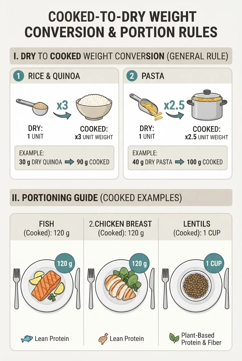 explains cooked-to-dry weight conversion and portion portioning rules: include examples (quinoa cooked 90 g -> dry 30 g), multipliers