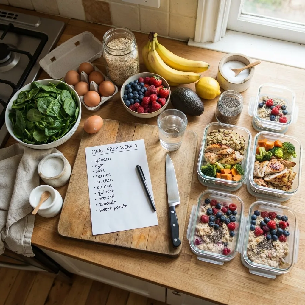 a grocery list, fresh produce and meal prep containers on a kitchen counter, with ingredients like spinach, eggs, oats, and berries,