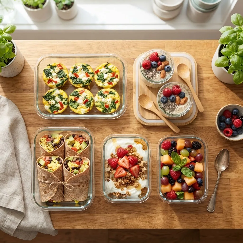 bright, inviting kitchen overhead view of several glass containers filled with colorful prepared breakfast foods like egg muffins,