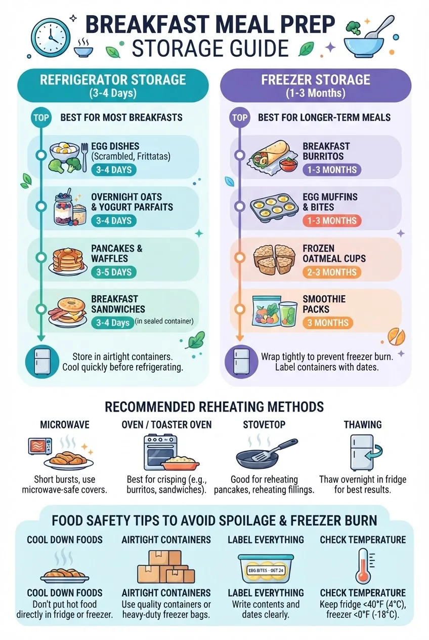 outlines storage guidelines for meal prep breakfasts, with sections for refrigerator vs. freezer storage times, visual icons for types of