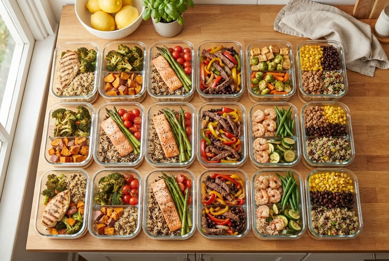 Overhead shot of a colorful assortment of prepared meal prep containers arranged neatly on a kitchen countertop, each containing a balanced
