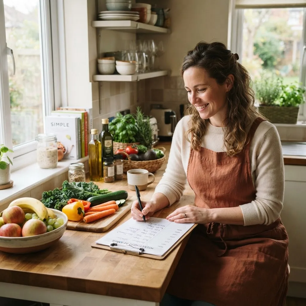 home kitchen scene with a person planning meals using a printed weekly meal planner sheet, surrounded by fresh fruits, vegetables, and