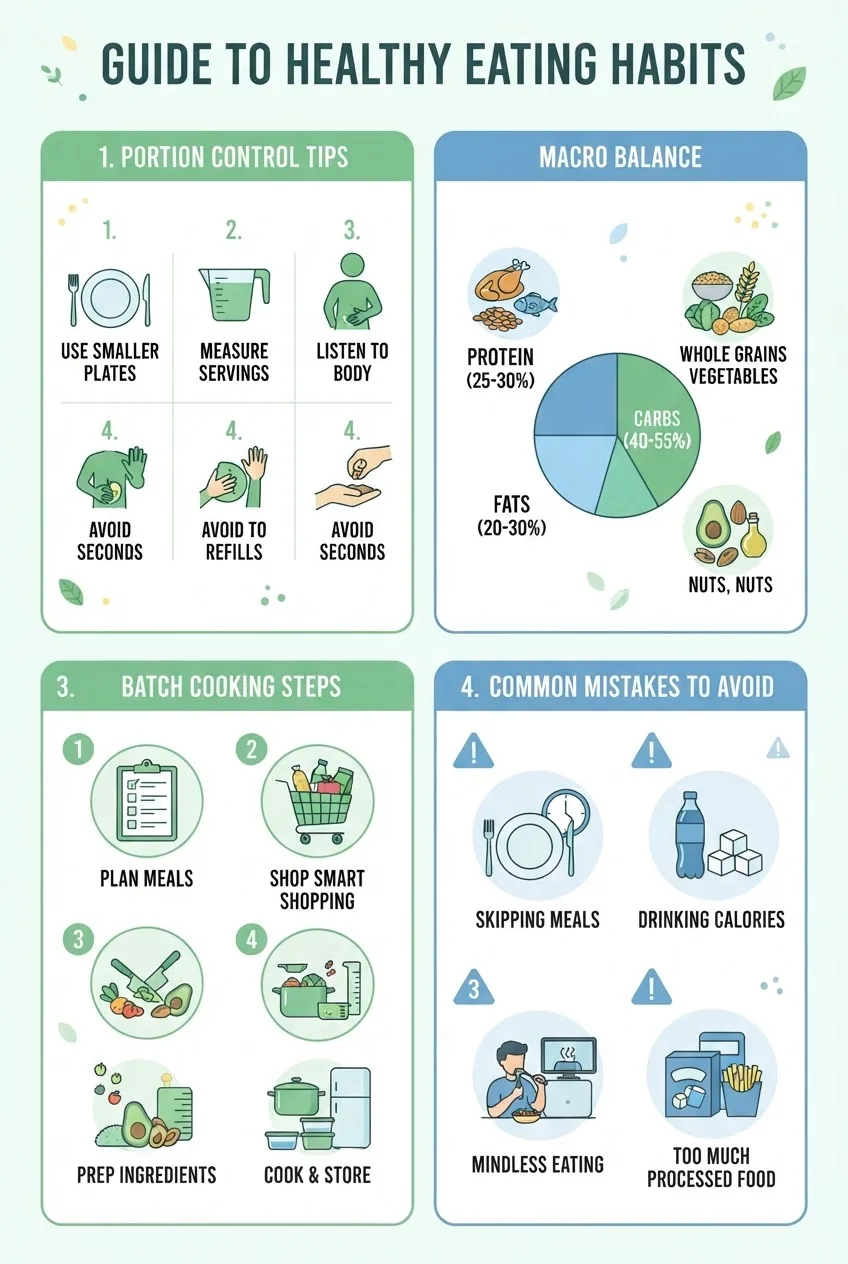 is divided into four sections showing: portion control tips (plate icons), macro balance (protein, carbs, fats pie chart), batch cooking