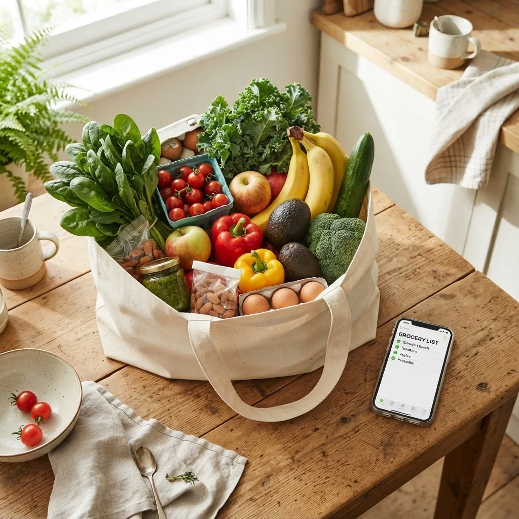 n overhead view of a grocery bag filled with fresh fruits, vegetables, and portion-sized ingredients on a kitchen table, alongside a