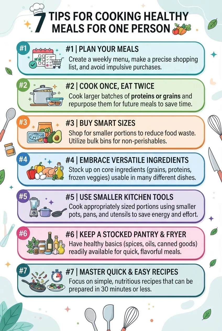 illustrates 7 numbered tips for cooking healthy meals for one person, each tip with a relevant icon (e.g., clock for time-saving, fridge