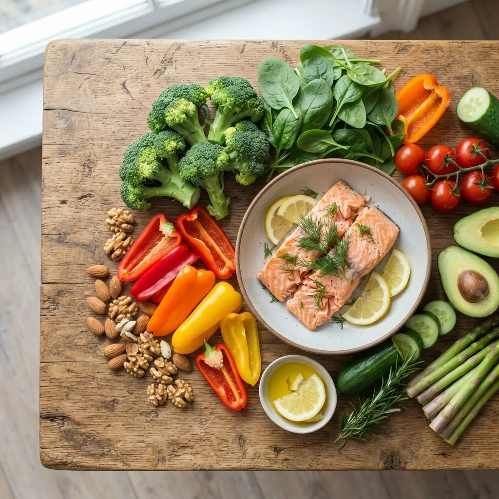 fresh low sugar ingredients arranged on a wooden table: colorful non-starchy vegetables (broccoli, spinach, peppers), nuts, and a bowl of