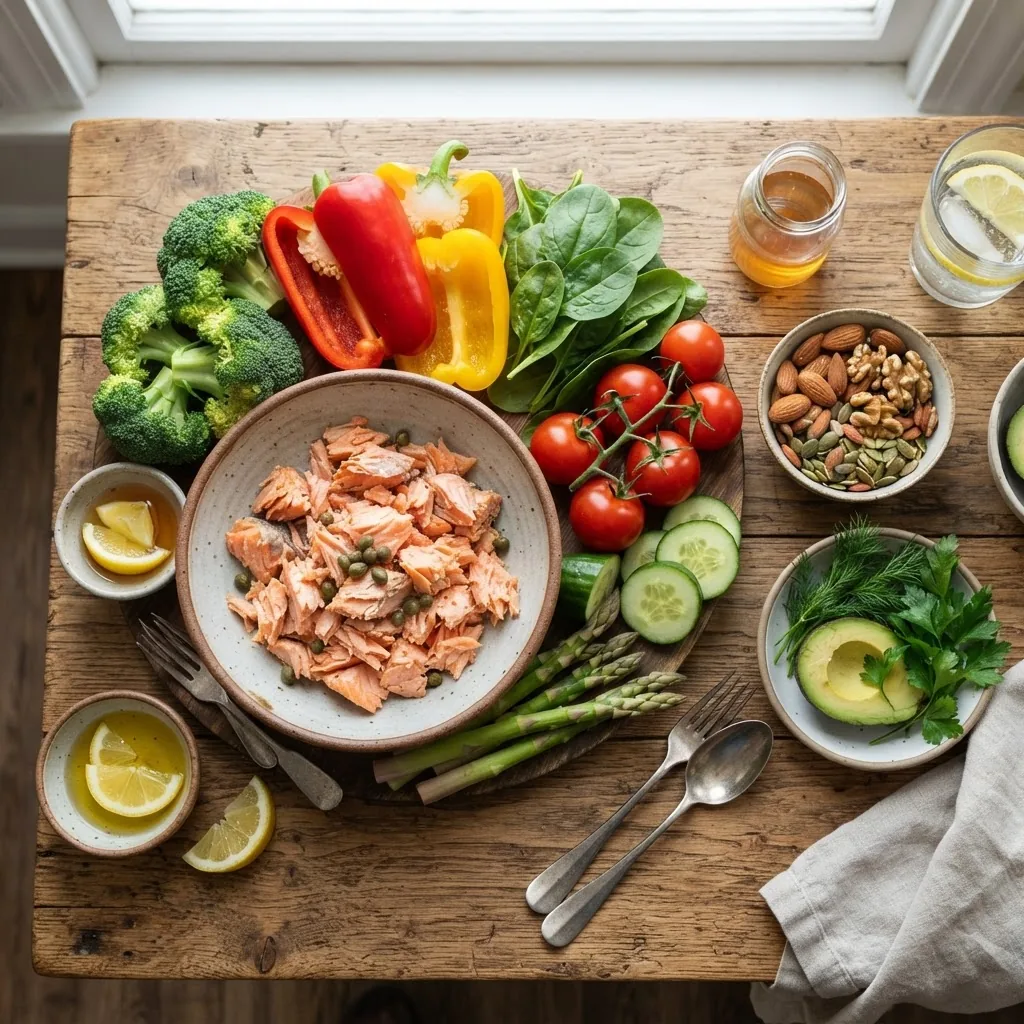 fresh low sugar ingredients arranged on a wooden table: colorful non-starchy vegetables (broccoli, spinach, peppers), nuts, and a bowl of