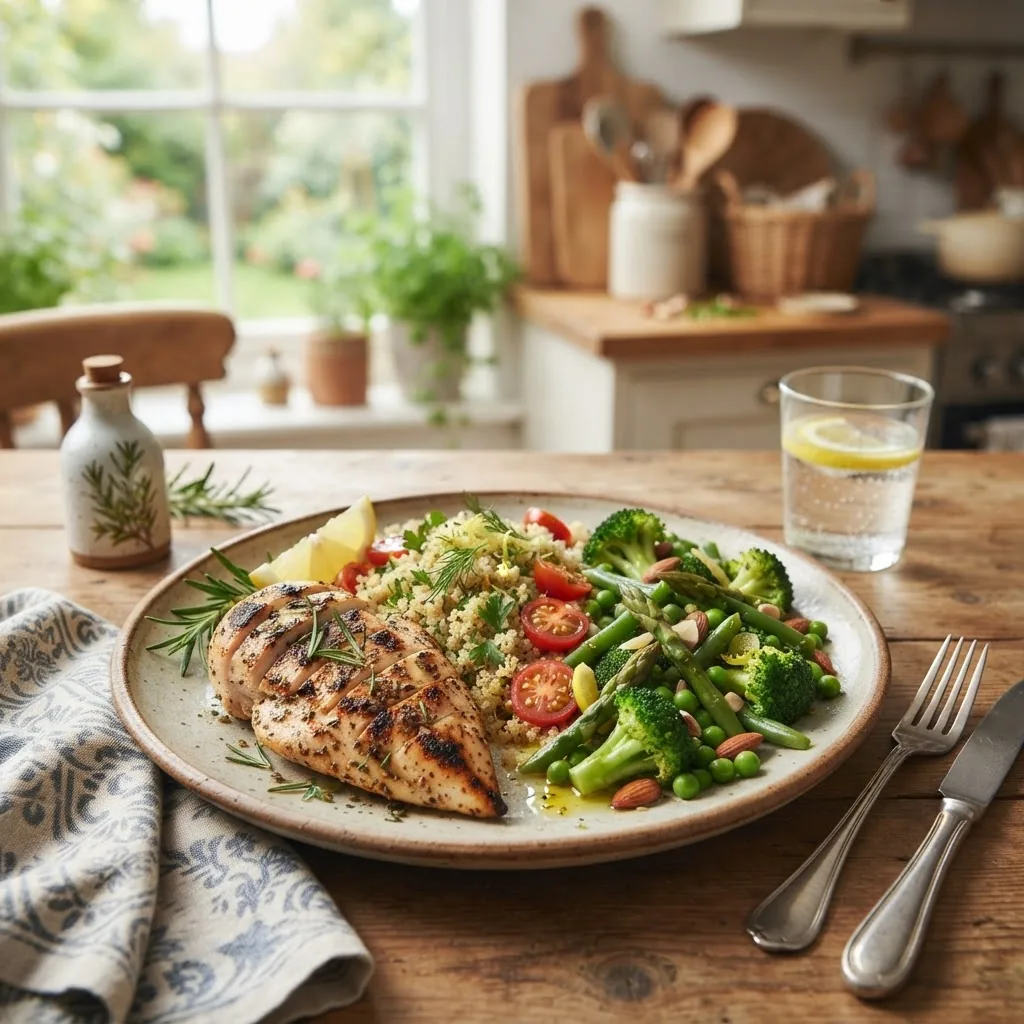bright, well-lit kitchen scene showing a home-cooked low sugar diabetic dinner plated appealingly, featuring grilled lean chicken, steamed