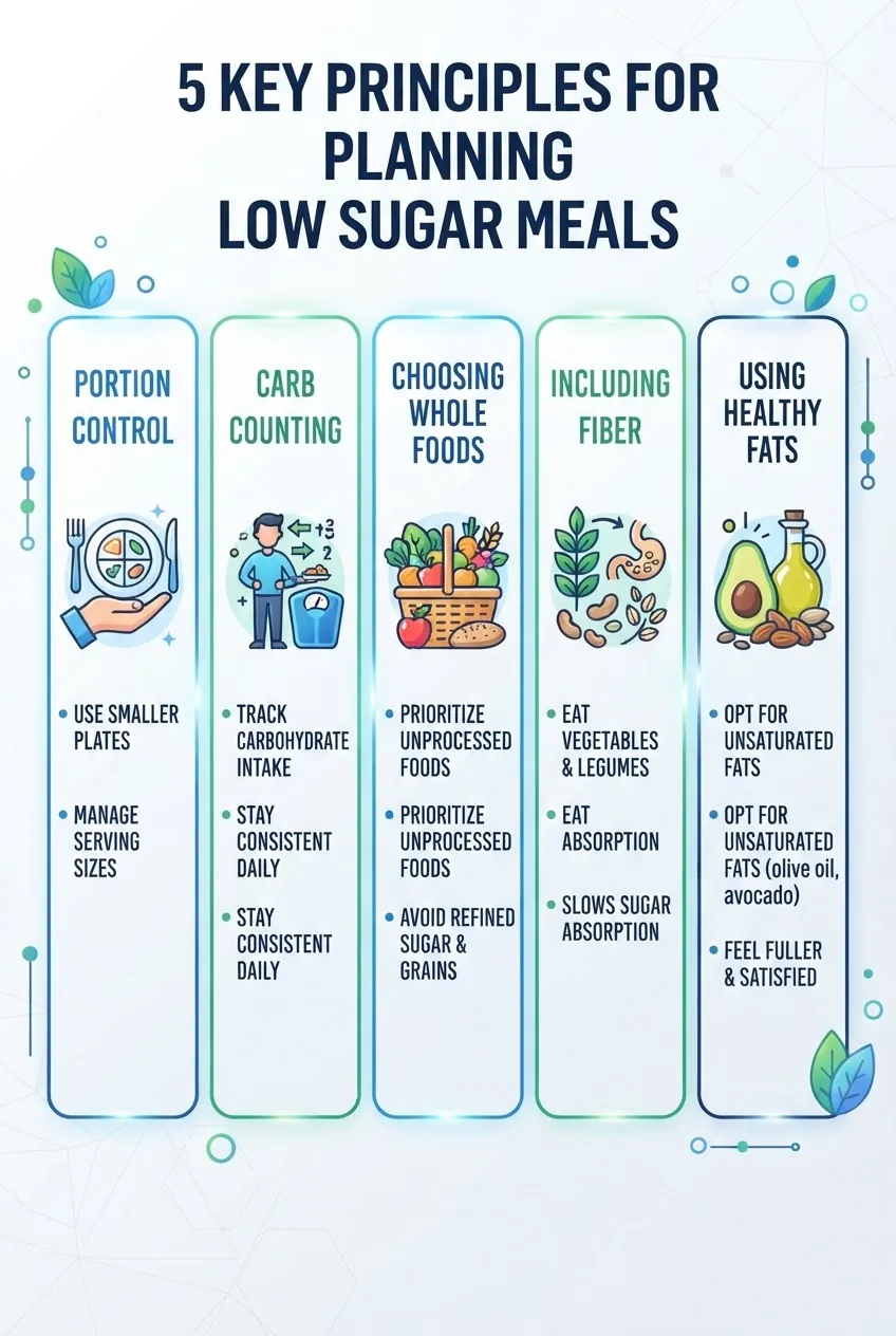 shows 5 key principles of planning low sugar meals in vertical columns: Portion Control, Carb Counting, Choosing Whole Foods, Including