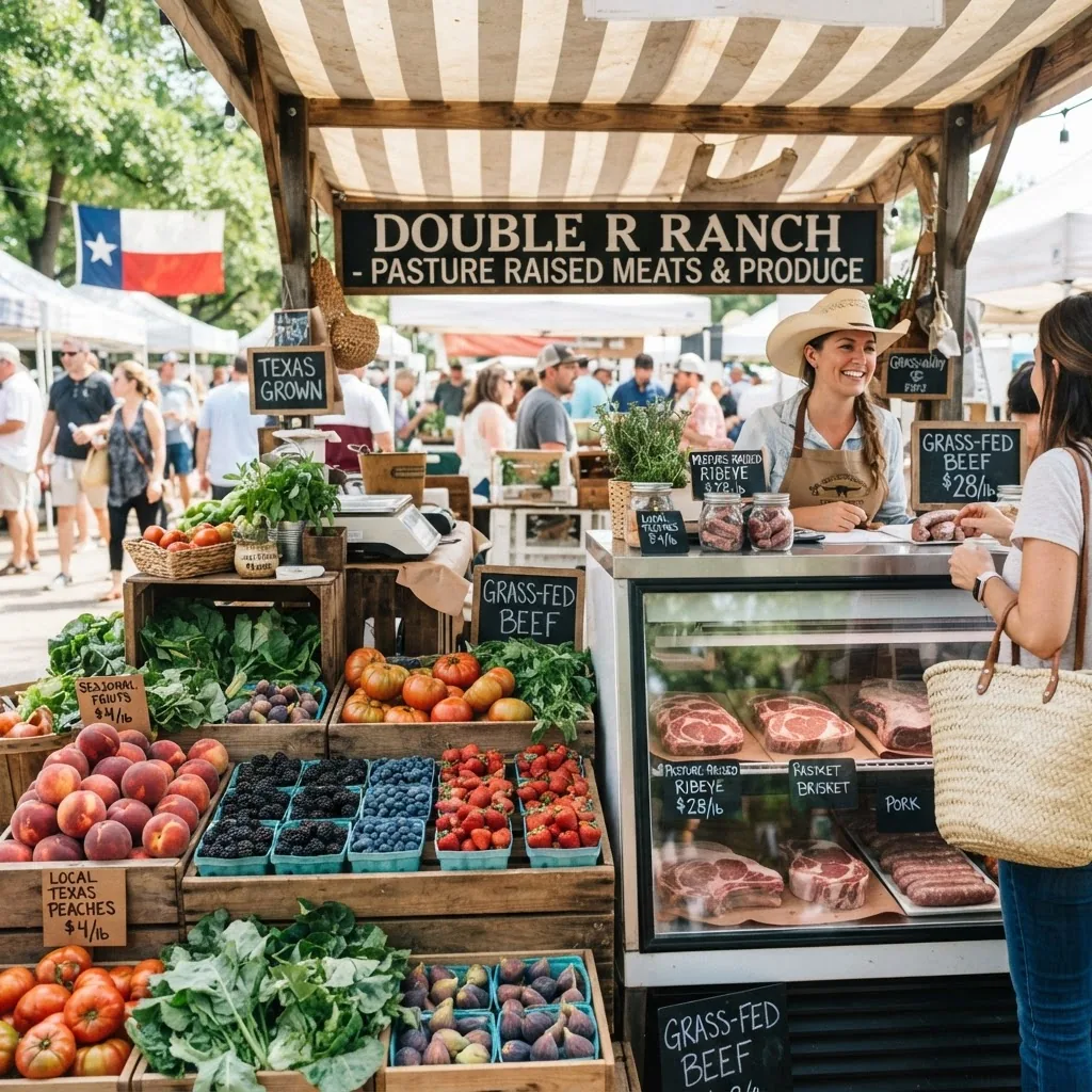 A Texas farmer’s market stall with vibrant seasonal fruits and high-quality pasture-raised meat displayed, sunny day, natural lighting,