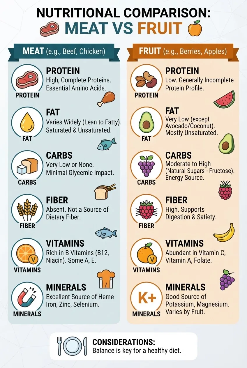 A clean infographic with two vertical columns comparing nutritional content of meat vs fruit: protein, fat, carbs, fiber, vitamins,