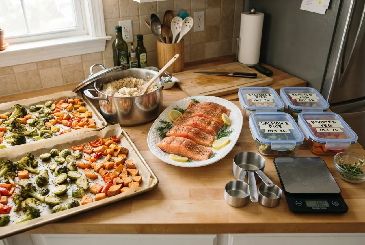 a home kitchen counter with roasted vegetables on sheet pans, cooked brown rice in a large pot, measured salmon fillets on a tray, and