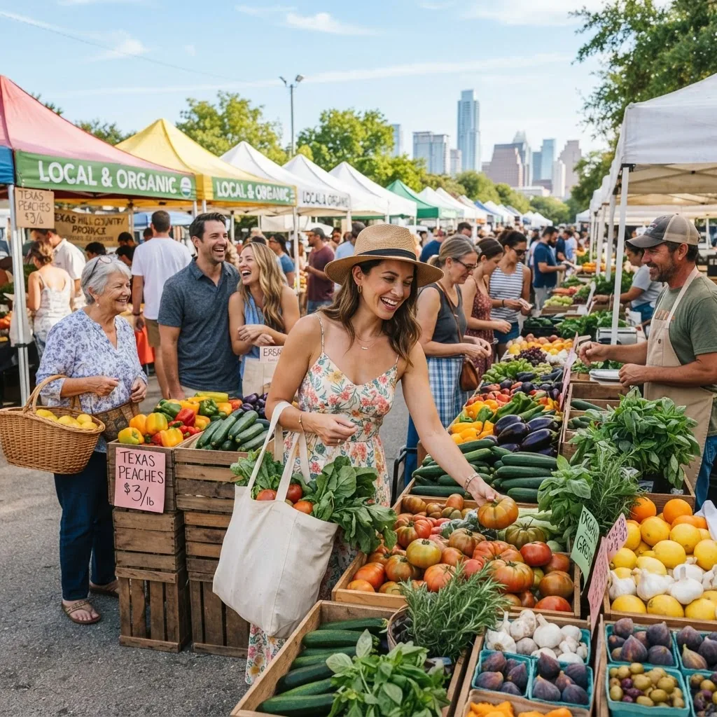 an outdoor farmers market scene in Texas with shoppers selecting fresh, colorful vegetables and fruits under sunny skies, highlighting