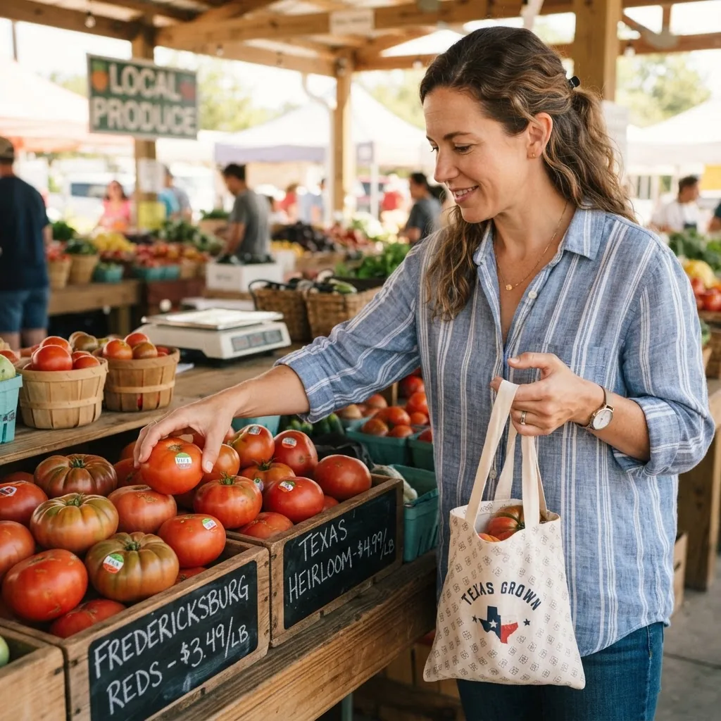 a shopper selecting firm medium tomatoes in an open-air farmer's-market style display, showing hands, price stickers, and visible labels.
