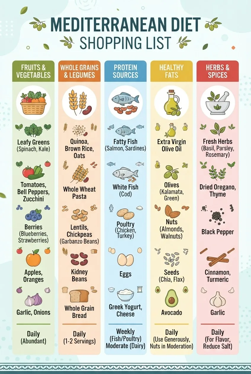 shows a categorized Mediterranean diet shopping list arranged in columns: Fruits & Vegetables, Whole Grains & Legumes, Protein Sources,