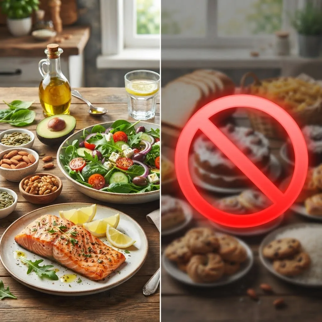 comparison: left side a colorful array of Mediterranean keto-friendly foods (olive oil, nuts, salmon, leafy greens, avocado), right side