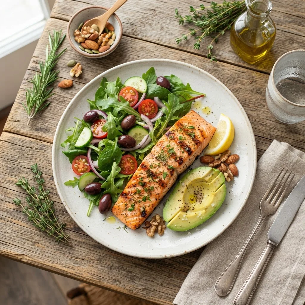 a Mediterranean keto meal plate including grilled salmon, mixed greens with olive oil dressing, avocado slices, and nuts, with a rustic