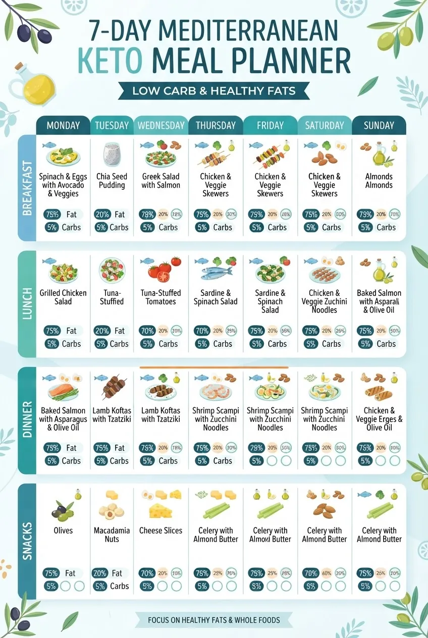 shows a 7-day Mediterranean keto meal planner with sections for breakfast, lunch, dinner, and snacks. Each day has icons representing fish,