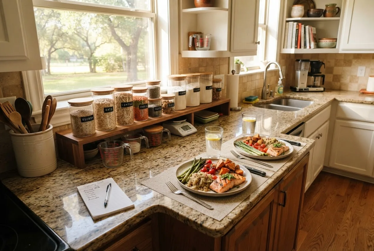 a Texas kitchen counter with measured jars, labeled containers, a grocery list, and two prepared portions on plates ready for mindful