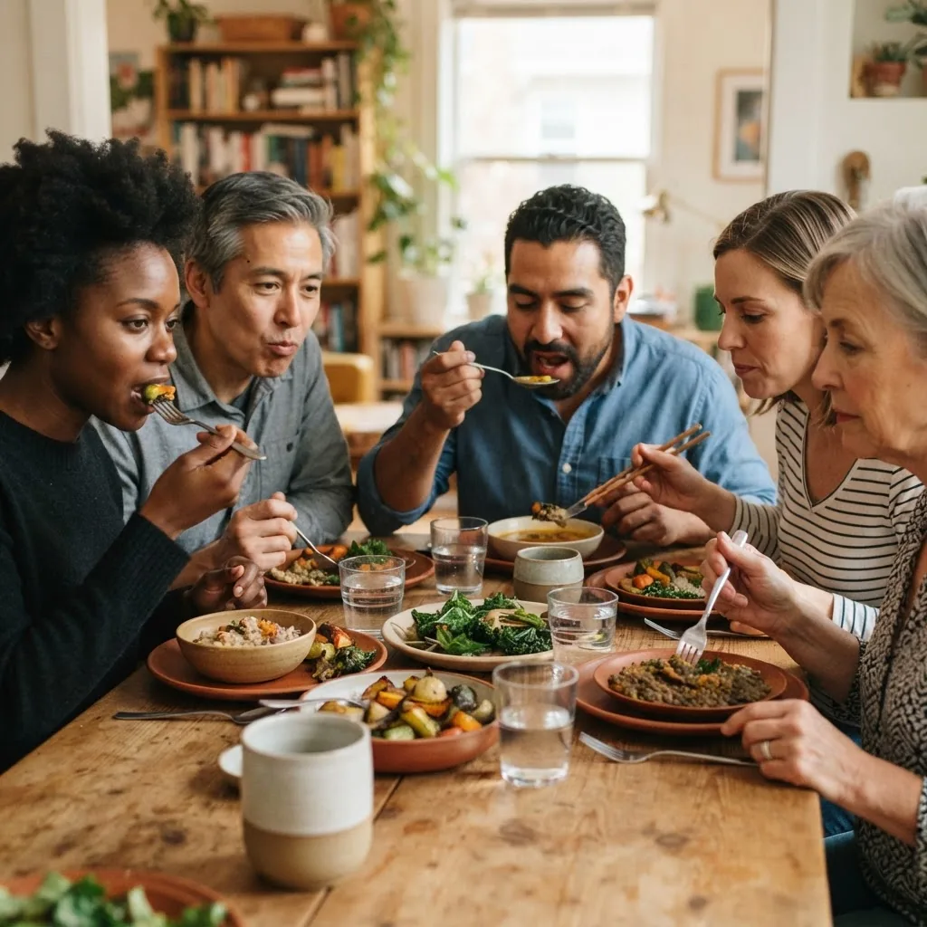 close-up of a diverse group of people sitting around a dining table, engaging in mindful eating practices, focusing on their food without